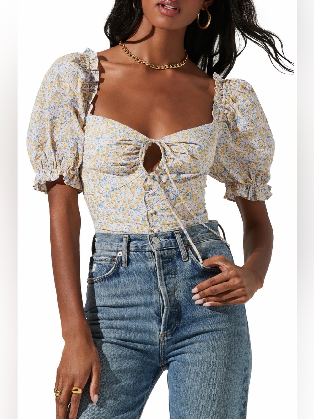 💛 ASTR The Label Floral Puff Sleeve Sweetheart Butter Yellow Top Coquette Whimsy
